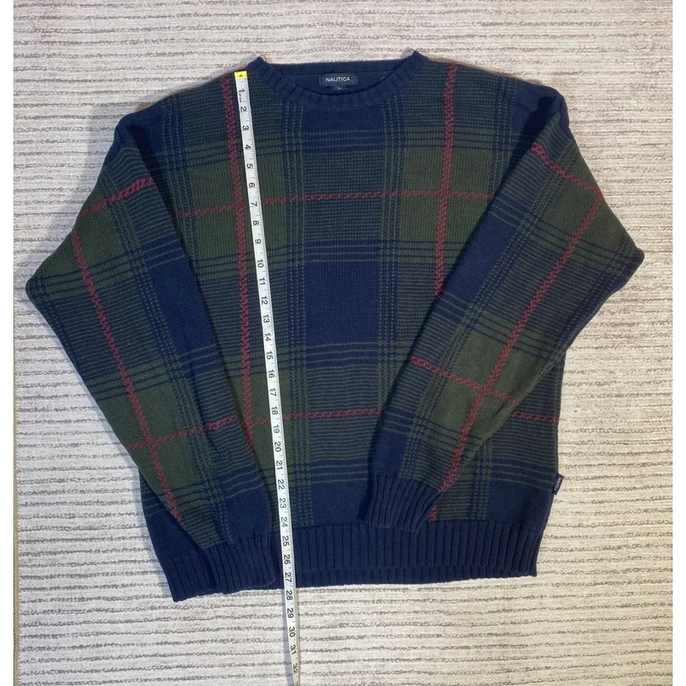 Nautica Mens XL Navy Blue Green Plaid 100% Cotton Crewneck Knit Sweater Pullover